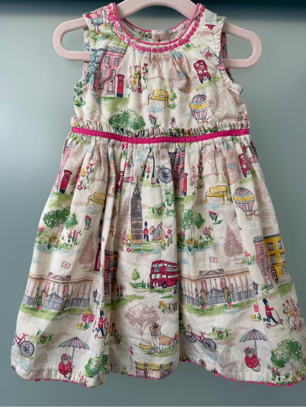 Monsoon London Scene Cotton Dress with Pink Trim 3-6M
